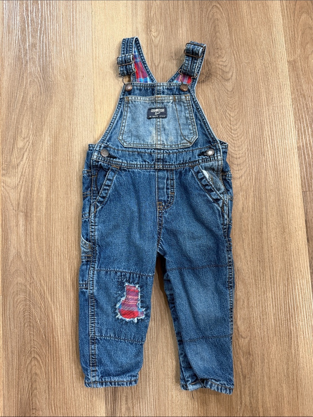 OskKosh B'gosh Denim Overalls Red Flannel  Lining Snap Up Legs Toddler Size 18M